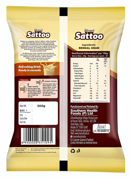 Manna Sattu/Sattoo Drink Mix (Natural) - Indian Protein Mix, High Fibre, Healthy Roasted Chickpeas Flour - 1 Kg (500g x 2 Packs)