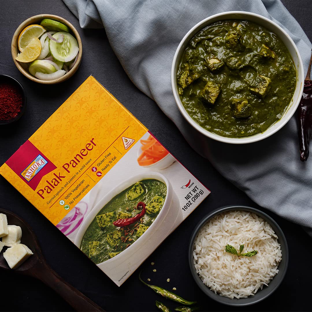 Ashoka Ready to Eat Indian Meals Since 1932, 100% Vegetarian Spinach Cheese Curry, All-Natural Indian Food, Plant-Based, Gluten-Free and with No Preservatives, 10 Ounce (Pack of 10)