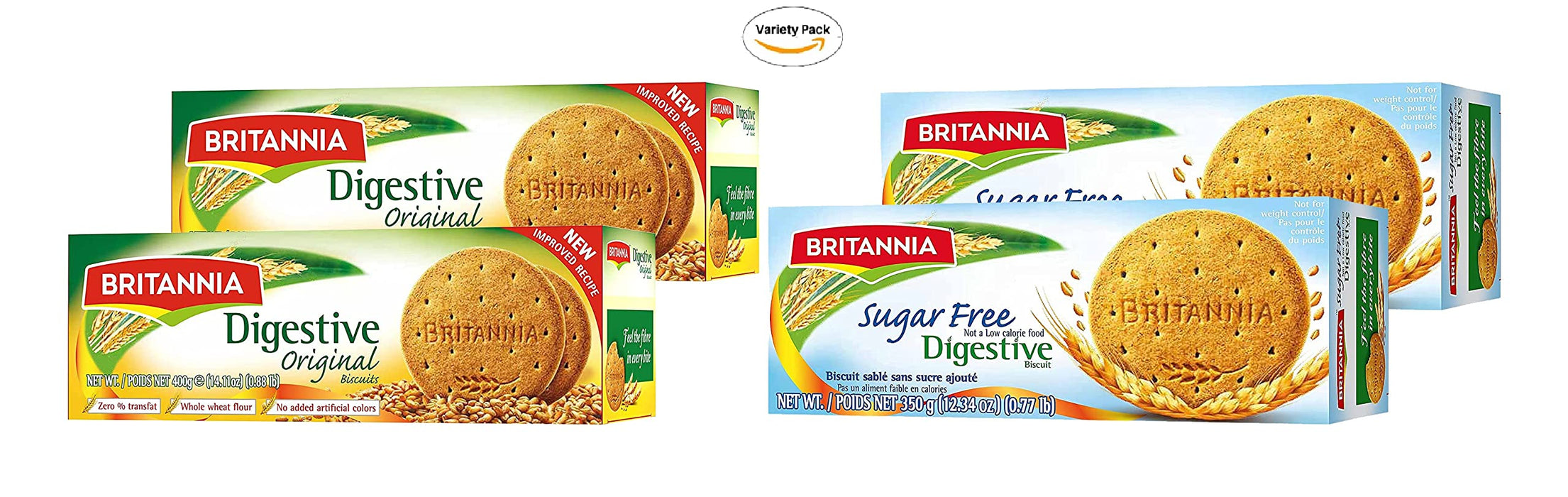 BRITANNIA Digestive Original & Sugar Free Biscuits - Variety Combo Pack - Whole Wheat Flavor Cookies - Tea Time Healthy Snacks - Suitable for Vegetarians (Pack of 2 Each)