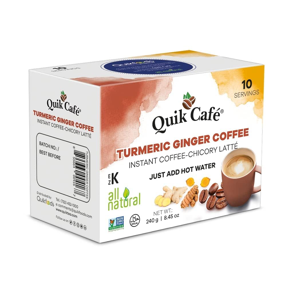 Quik Cafe Turmeric Ginger Instant Coffee Latte - 10 Count Single Box - All Natural Superfood Golden Coffee