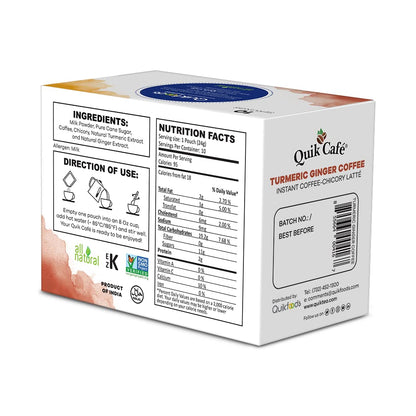 Quik Café Turmeric Ginger Coffee - 100 Count (10 Boxes of 10 Each) - All Natural Instant Golden Coffee