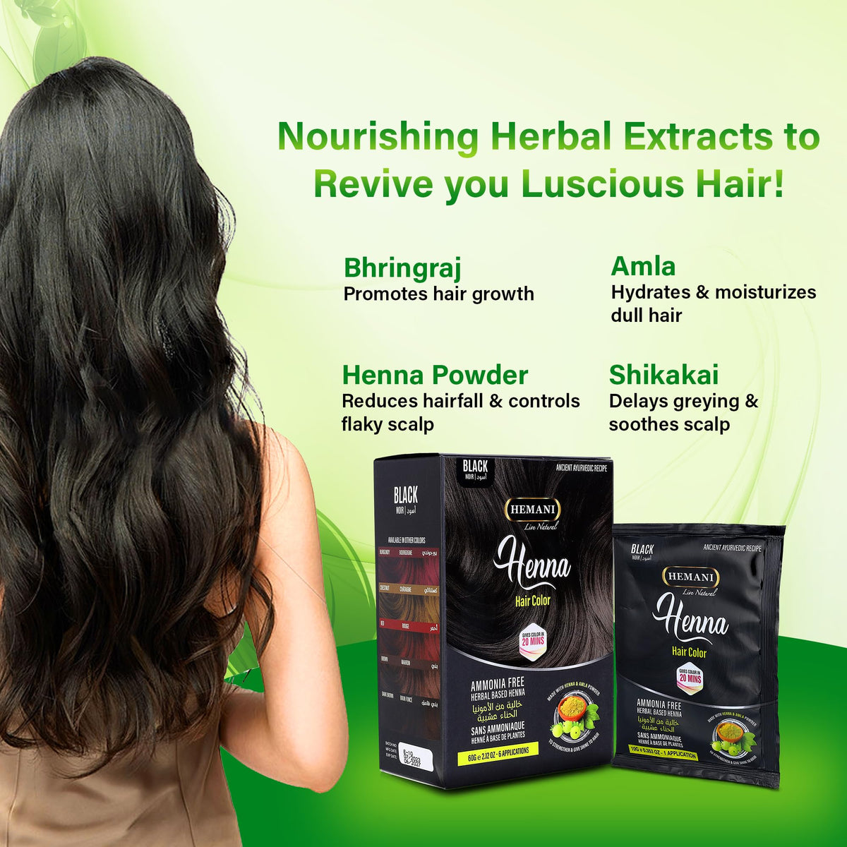 HEMANI Hair Henna Color 2.12 OZ (60g) 6 Applications, Colors in 20 Minutes - Ammonia Free - Herbal Based Henna (Black)