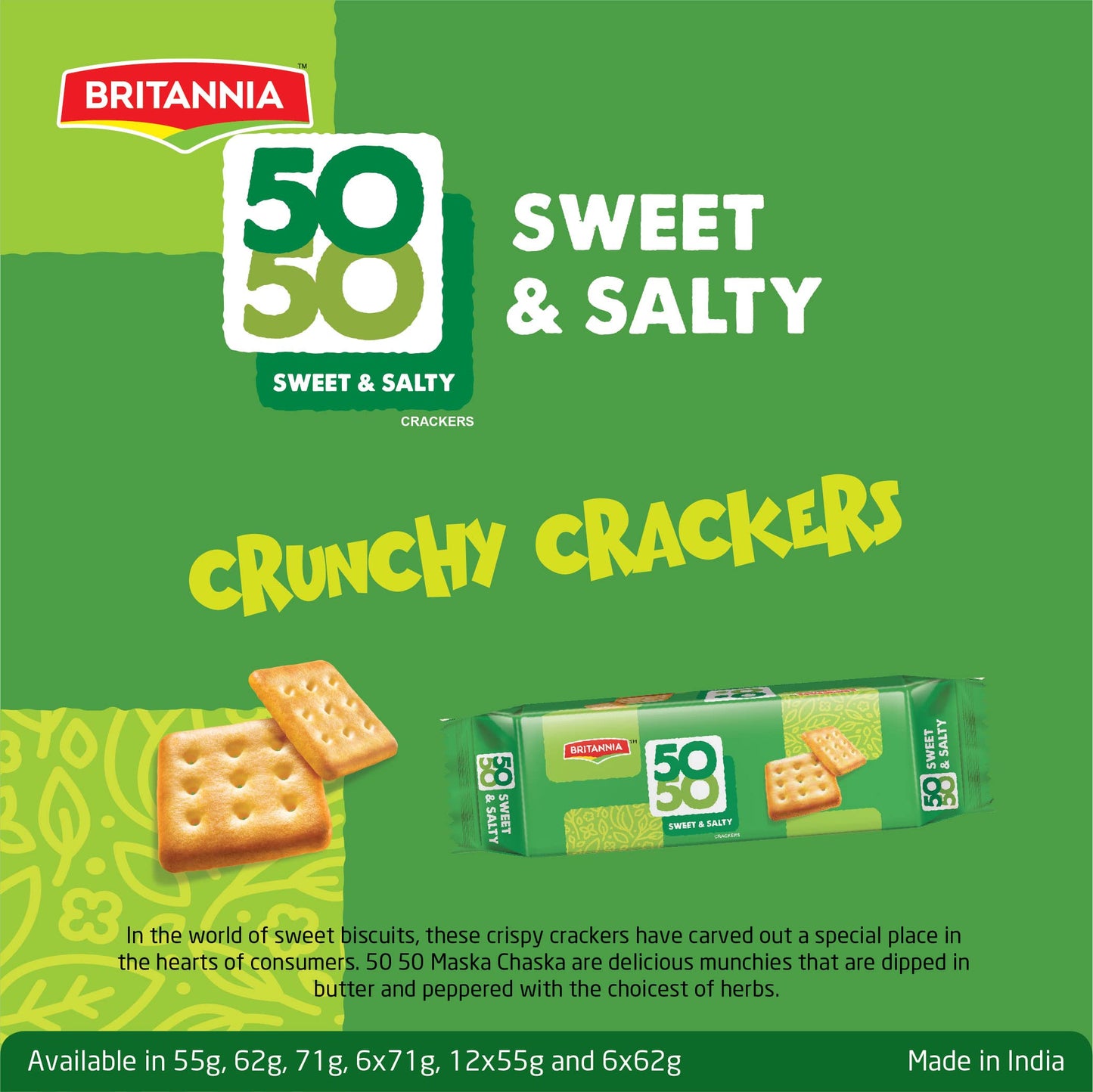 BRITANNIA Crackers 50 50 Sweet and Salty Biscuit 2.19oz (62g) - Delicious, Light & Crispy Grocery Cookies - Best Treat for Friends & Family (Pack of 6)