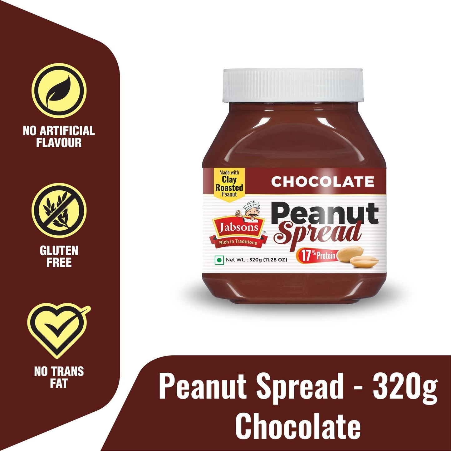 Jabsons - Chocolate Peanut Spread, 320g (11.28 oz) Gluten Free, 0 Trans Fat, Made with Clay Roasted Peanuts