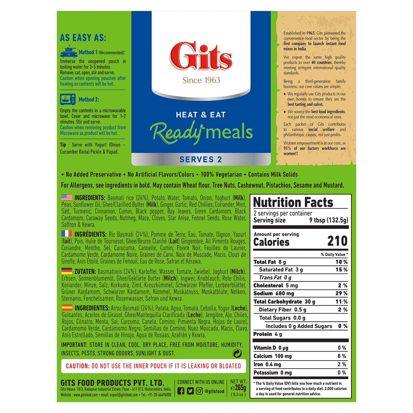 Gits Veg Biryani (long grain aromatic Indian Basmati rice) + Chickpeas masala (Chana Masala) Large Chickpeas cooked in a light Onion & tomato with mild spices. Microwave for 1-2 mins. Ready to Eat.