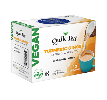 Quik Tea Vegan Turmeric Ginger Instant Chai Tea Latte - 10 Count Single Box - Convenient, Easy Ayurvedic Dairy Free Alternative
