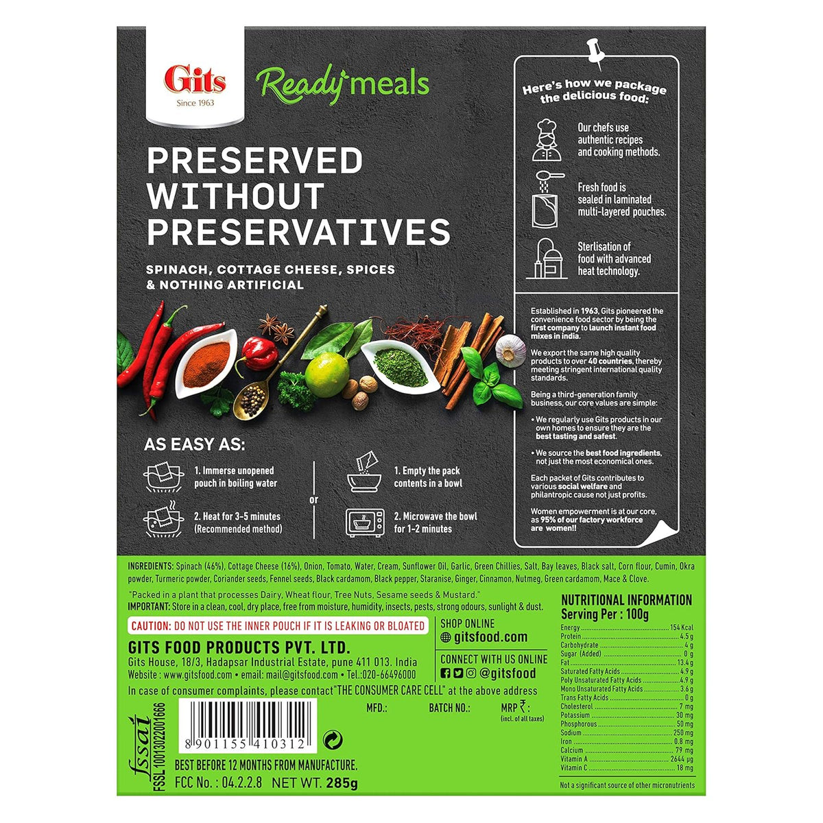 Gits Ready to Eat Palak Paneer, Pure Veg, Heat and Eat Indian Dish, Microwaveable, 285g