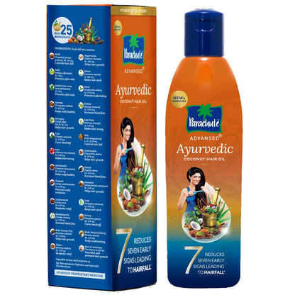 Parachute Advansed Ayurvedic Coconut Hair Oil with Basil (Tulsi), Aloe vera, Flax seed, Gooseberry (Amla) 25 ayurvedic ingredients Controls Hair Fall, Dandruff, Hair thinning all hair types 10.1 floz