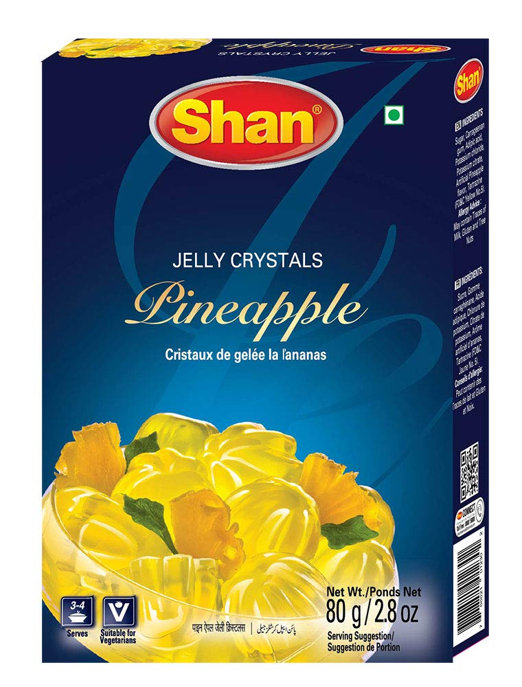 Shan Jelly Crystals Pineapple 2.8 oz (80g) - Cristaux De Gelee a l'ananas - Quick and Easy Jello - Suitable for Vegetarians - Airtight Bag in a Box (Pack of 24)