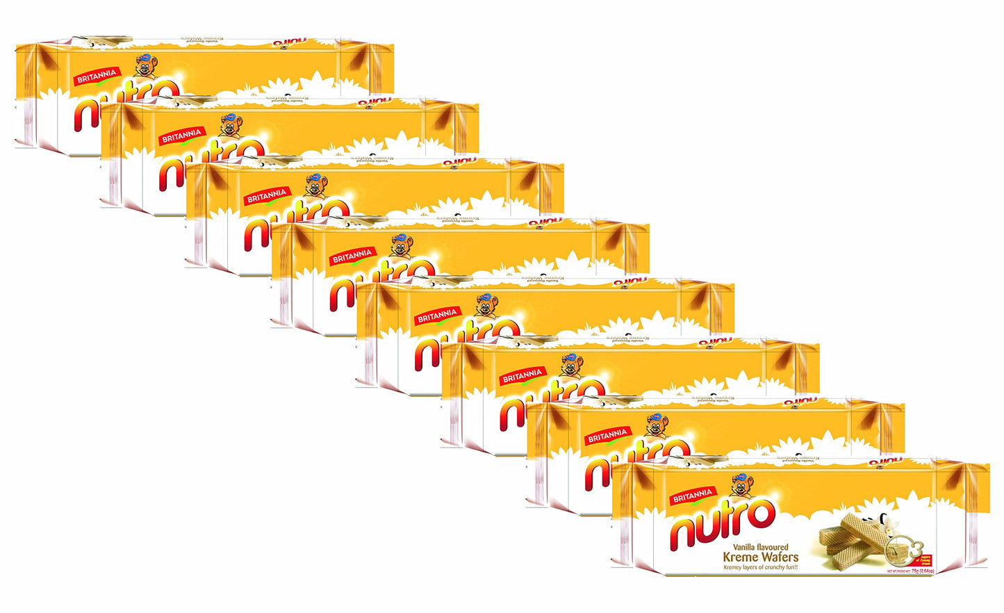 BRITANNIA Nutro Wafers Vanilla 2.65oz (75g) - Healthy Breakfast & Tea Time Snacks - Vanilla Flavoured Cream Wafer - Suitable for Vegetarians (Pack of 8)