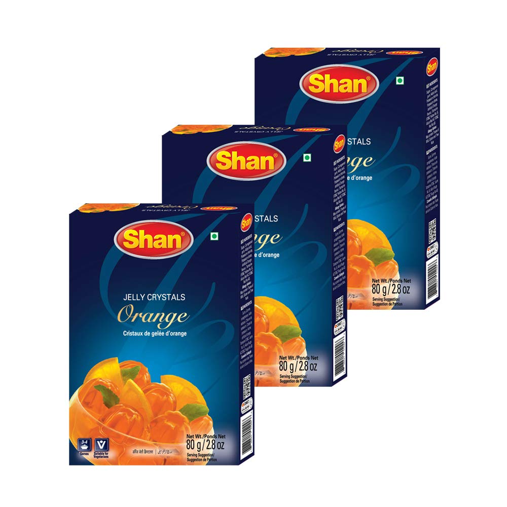 Shan Jelly Crystals Orange 2.82 oz (80g) - Cristaux De Gelee dOrange - Quick and Easy Jello - Suitable for Vegetarians - Airtight Bag in a Box (Pack of 3)