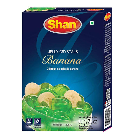 Shan Jelly Crystals Banana 2.8 oz (80g) - Cristaux De Gelee Banane - Quick and Easy Jello - Suitable for Vegetarians - Airtight Bag in a Box