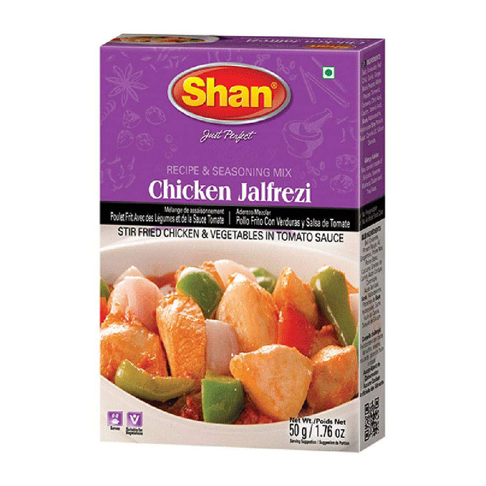 Shan Chicken Jalfrezi Recipe and Seasoning Mix 1.76 oz (50g) - Spice Powder for Stir Fried Chicken and Vegetables in Tomato Sauce - Suitable for Vegetarians - Airtight Bag in a Box