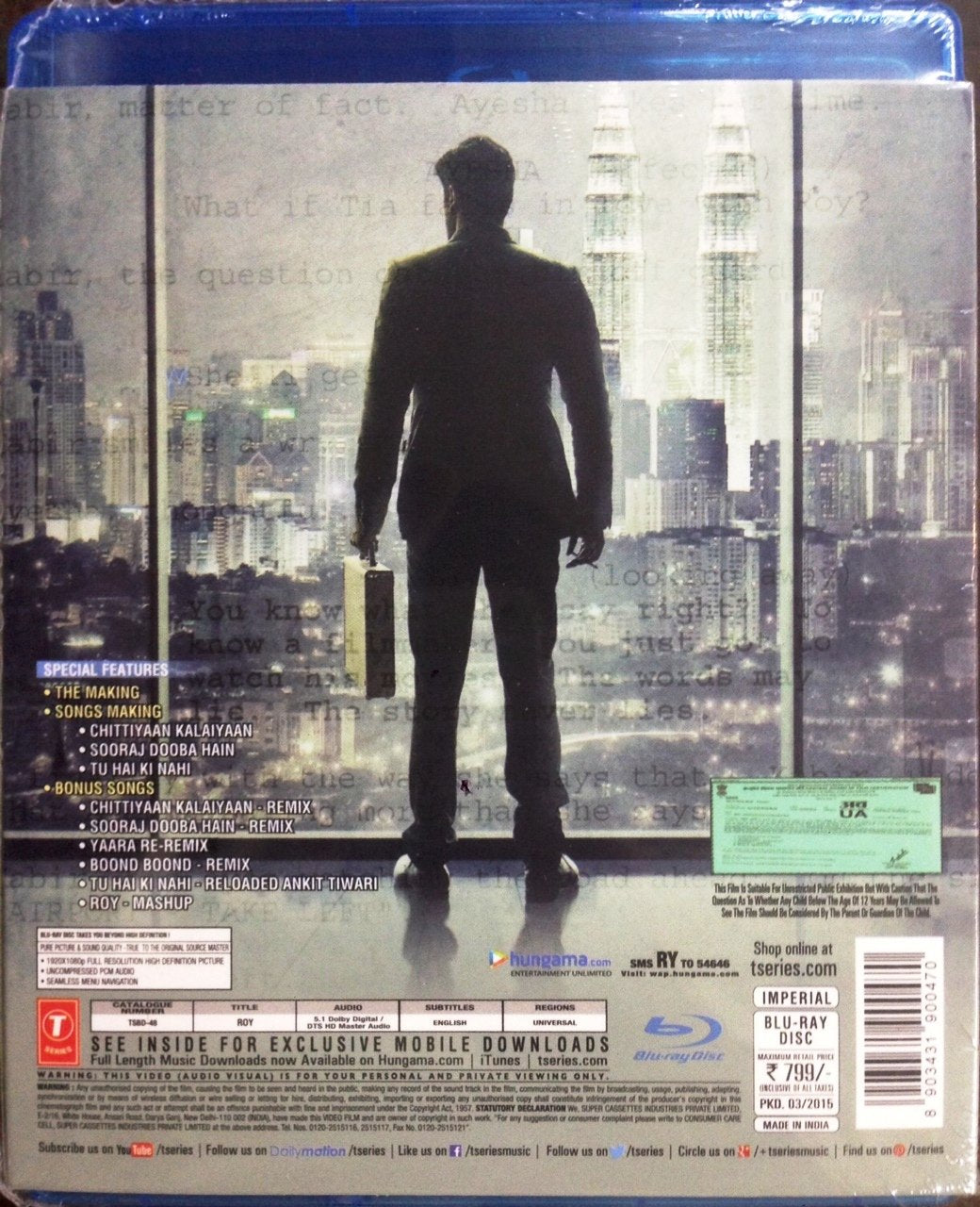 Roy Hindi Blu Ray Stg: Ranbir Kapoor, Arjun Rampal - A 2015 Bollywood Indian Film [Blu-ray]