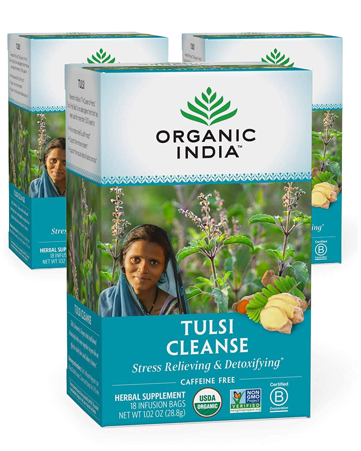 Organic India Tulsi Cleanse Herbal Tea - Holy Basil, Stress Relieving & Detoxifying, Immune Support, Adaptogen, Vegan, USDA Certified Organic, Non-GMO, Caffeine-Free - 18 Infusion Bags, 3 Pack