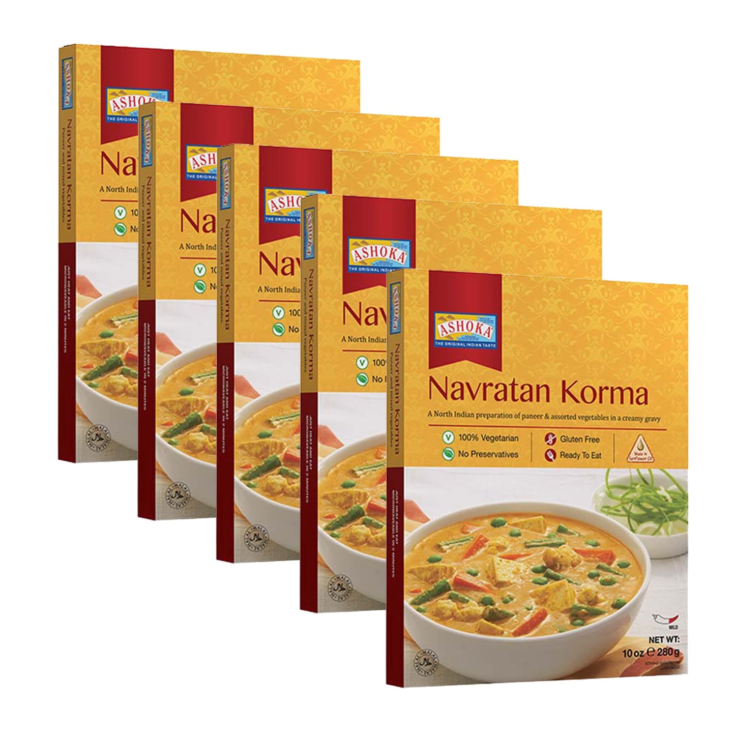 Ashoka 1932 Vegetarian Entry, Mixed Vegetables & Cheese, All-Natural Heat & Eat Navratan Korma, Microwave Ready Indian Meals, Travel Friendly Box, Gluten-Free and with No Preservatives, Pack of 10