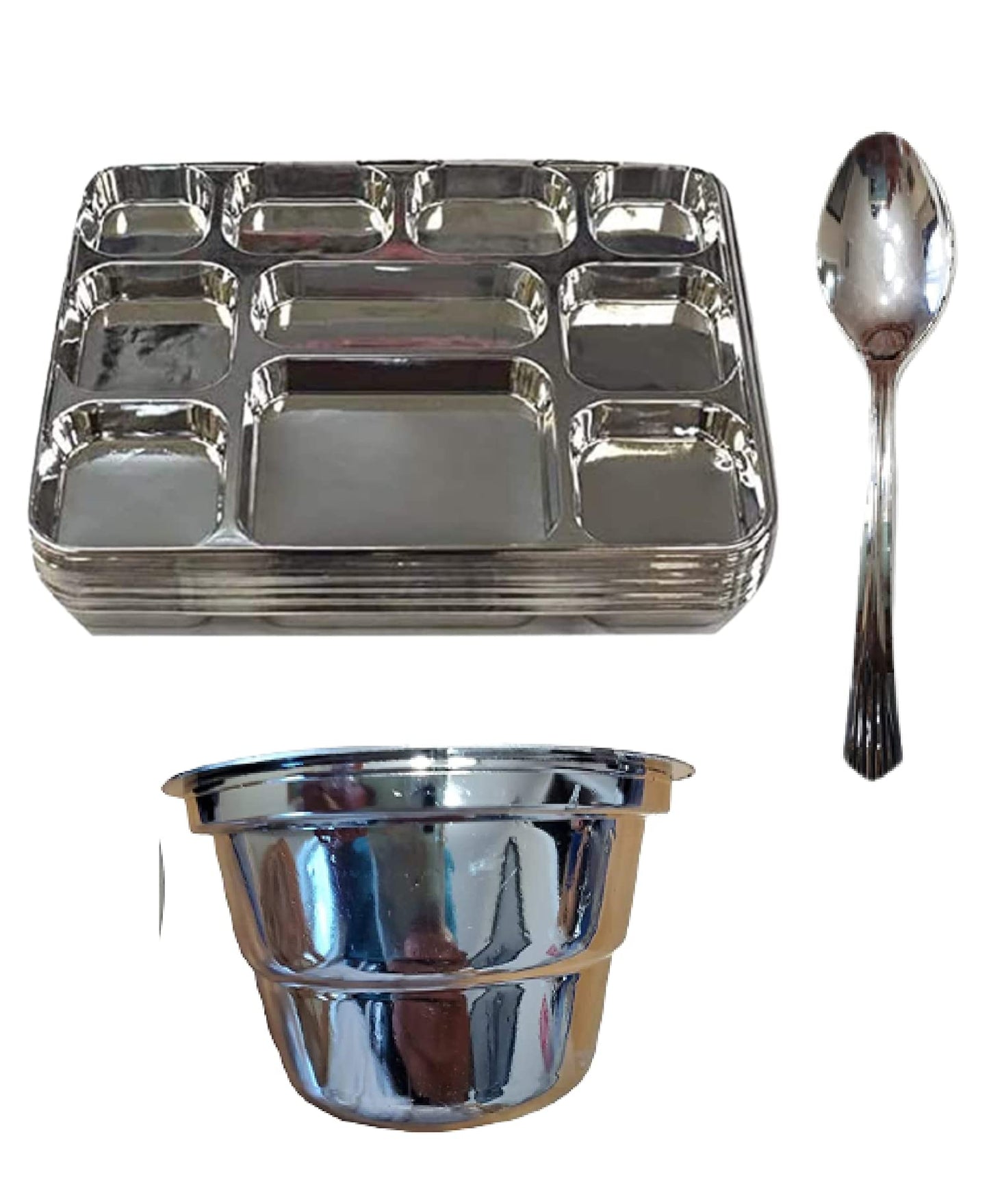 Disposable Plates 10 Compartment Silver Thali Plates Trays - For Indian Puja, Partys, Weddings