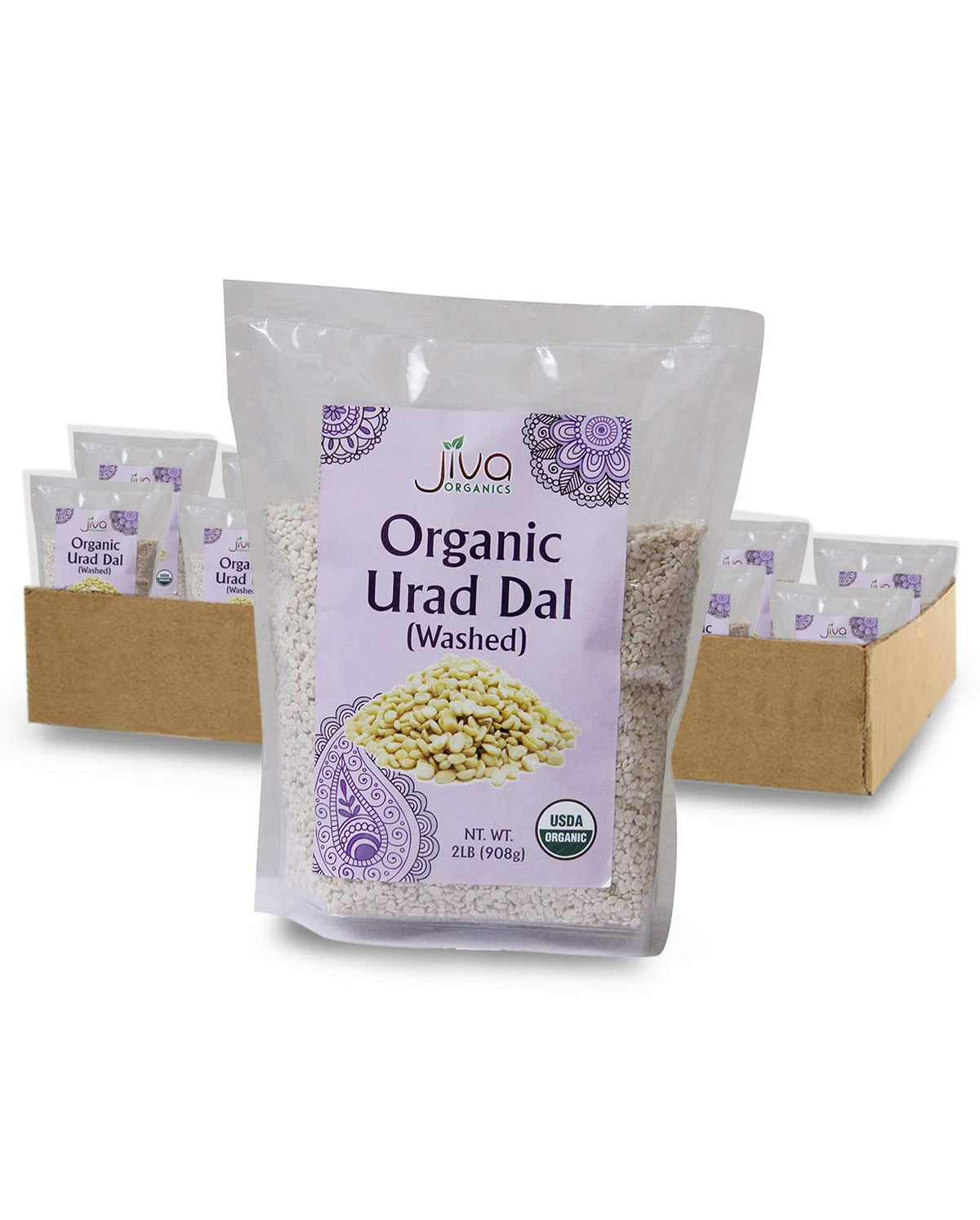 Jiva USDA Organics Urad Dal (Split Matpe Beans) 2 Pound - NEW Packaging! (Pack of 12)