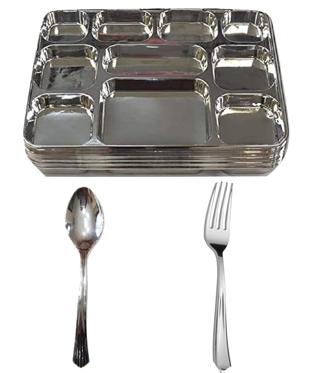 Disposable Plates 10 Compartment Silver Thali Plates Trays - For Indian Puja, Partys, Weddings