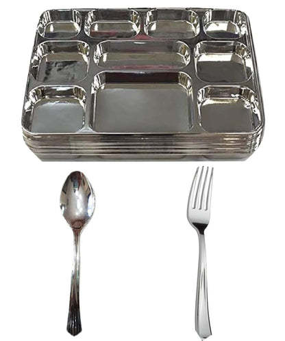 Disposable Plates 10 Compartment Silver Thali Plates Trays - For Indian Puja, Partys, Weddings