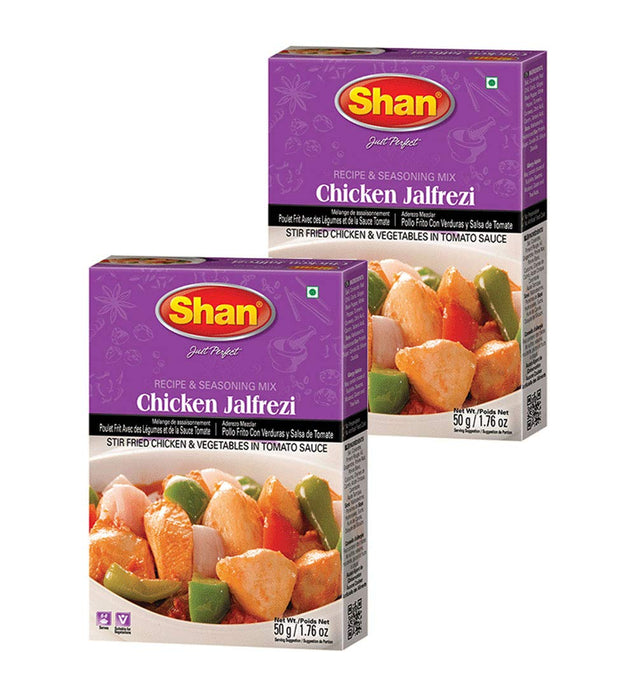 Shan Chicken Jalfrezi Recipe and Seasoning Mix 1.76 oz (50g) - Spice Powder for Stir Fried Chicken and Vegetables in Tomato Sauce - Suitable for Vegetarians - Airtight Bag in a Box (Pack of 2)