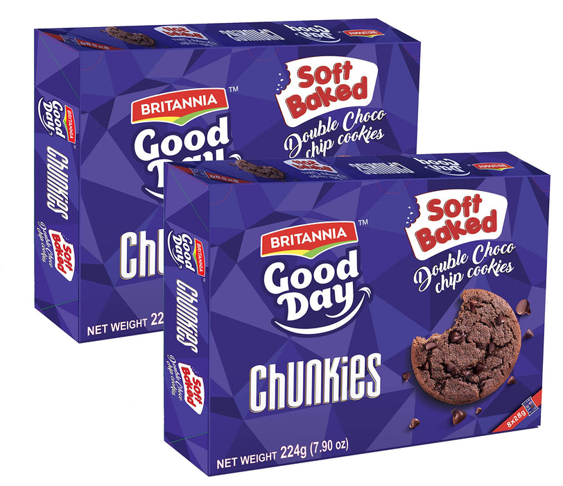 BRITANNIA Good Day Chunkies 7.90oz (224g) - Soft Baked Double Chocochips Cookies - Healthy, Delicious & Crispy - Halal and Suitable for Vegetarians (Pack of 2)