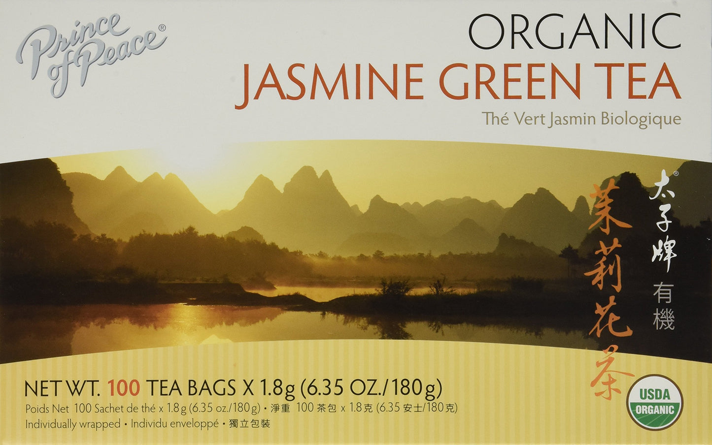 Prince of Peace Organic Jasmine Green Tea, 100 Tea Bags 100% Organic Green Tea Unsweetened Green Tea Lower Caffeine Alternative to Coffee Herbal Health Benefits