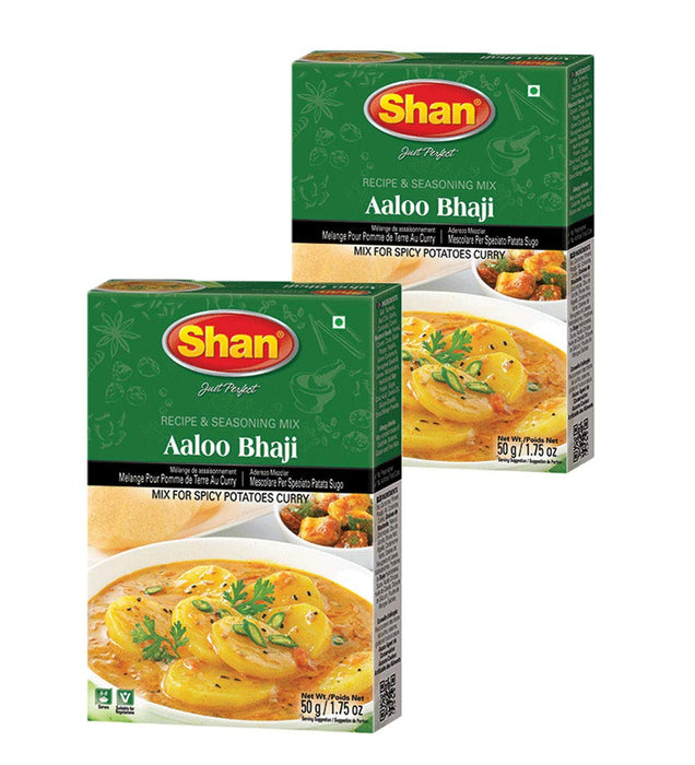 Shan Aaloo Bhaji Recipe and Seasoning Mix 1.76 oz (50g) - Spice Powder for Traditional Spicy Potatoes Curry - Suitable for Vegetarians - Airtight Bag in a Box (Pack of 2)