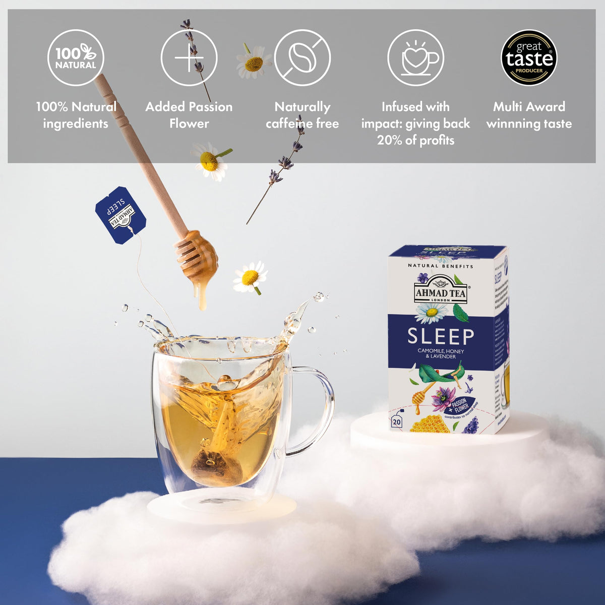 Ahmad Tea Herbal Tea, Camomile, Honey, & Lavender 'Sleep' Natural Benefits Teabags, 20 ct (Pack of 6) - Decaffeinated & Sugar-Free