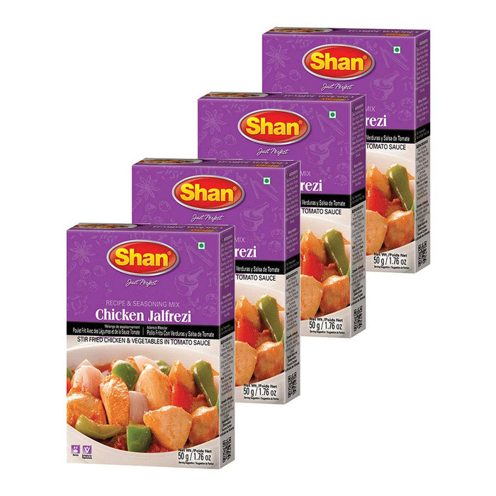 Shan Chicken Jalfrezi Recipe and Seasoning Mix 1.76 oz (50g) - Spice Powder for Stir Fried Chicken and Vegetables in Tomato Sauce - Suitable for Vegetarians - Airtight Bag in a Box (Pack of 4)