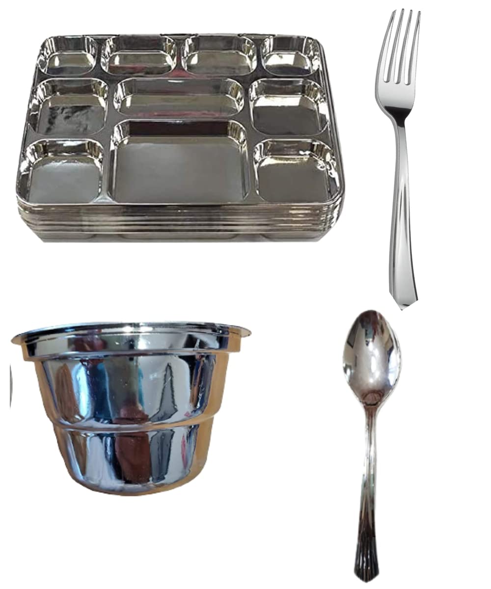Disposable Plates 10 Compartment Silver Thali Plates Trays - For Indian Puja, Partys, Weddings