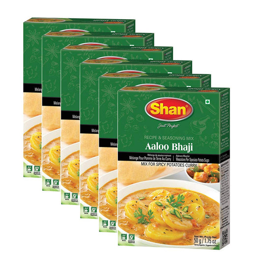 Shan Aaloo Bhaji Recipe and Seasoning Mix 1.76 oz (50g) - Spice Powder for Traditional Spicy Potatoes Curry - Suitable for Vegetarians - Airtight Bag in a Box (Pack of 6)