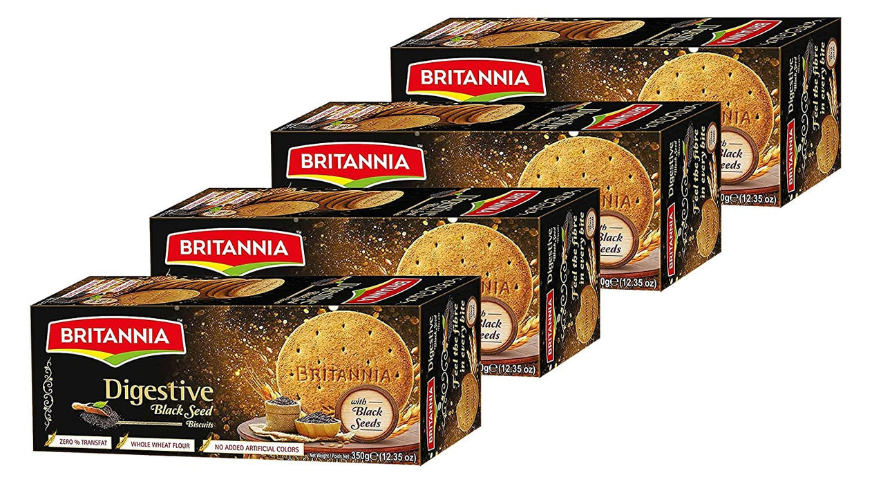 BRITANNIA Black Seed Digestive Biscuits 12.34oz (350g) - Whole Wheat Flavor Cookies - Healthy Snacks, Whole Grain Crackers - Suitable for Vegetarian (Pack of 4)