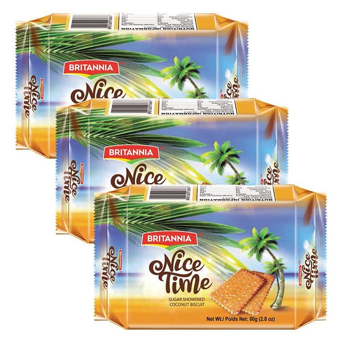 BRITANNIA Nice Time 2.8oz (80g) - Delicious Coconut Biscuit Crunchy - Kids Favorite Breakfast & Tea Time Snacks - Halal and Suitable for Vegetarians (Pack of 3)