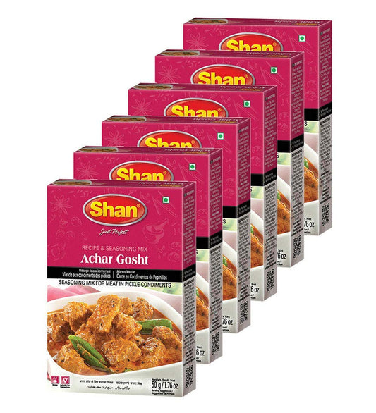 Shan Achar Gosht Recipe and Seasoning Mix 1.76 oz (50g) - Spice Powder for Meat in Pickle Condiments - Suitable for Vegetarians - Airtight Bag in a Box (Pack of 6)