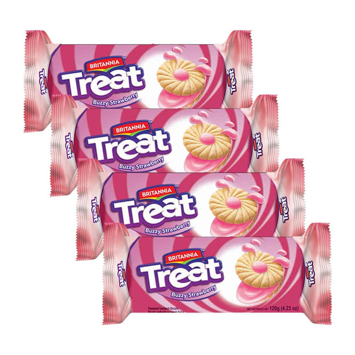 BRITANNIA Treat Buzzy Strawberry Sandwich Biscuits 4.23oz (120g) - Breakfast & Tea Time Snacks - Delicious Grocery Cookies - Suitable for Vegetarians (Pack of 4)