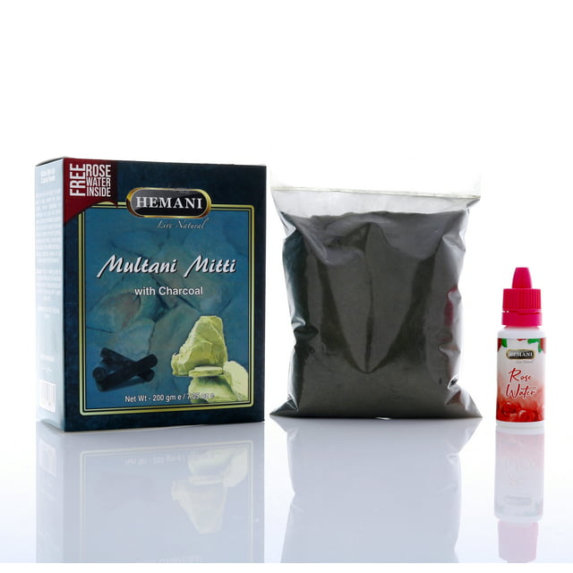HEMANI Multani Mitti with Charcoal Powder 200g (7.1 OZ) - Fuller's Earth - Nature's Skin Cleanser - with FREE Rose Water in Box