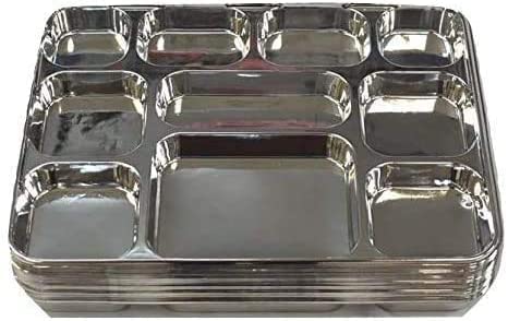 Disposable Plates 10 Compartment Silver Thali Plates Trays - For Indian Puja, Partys, Weddings