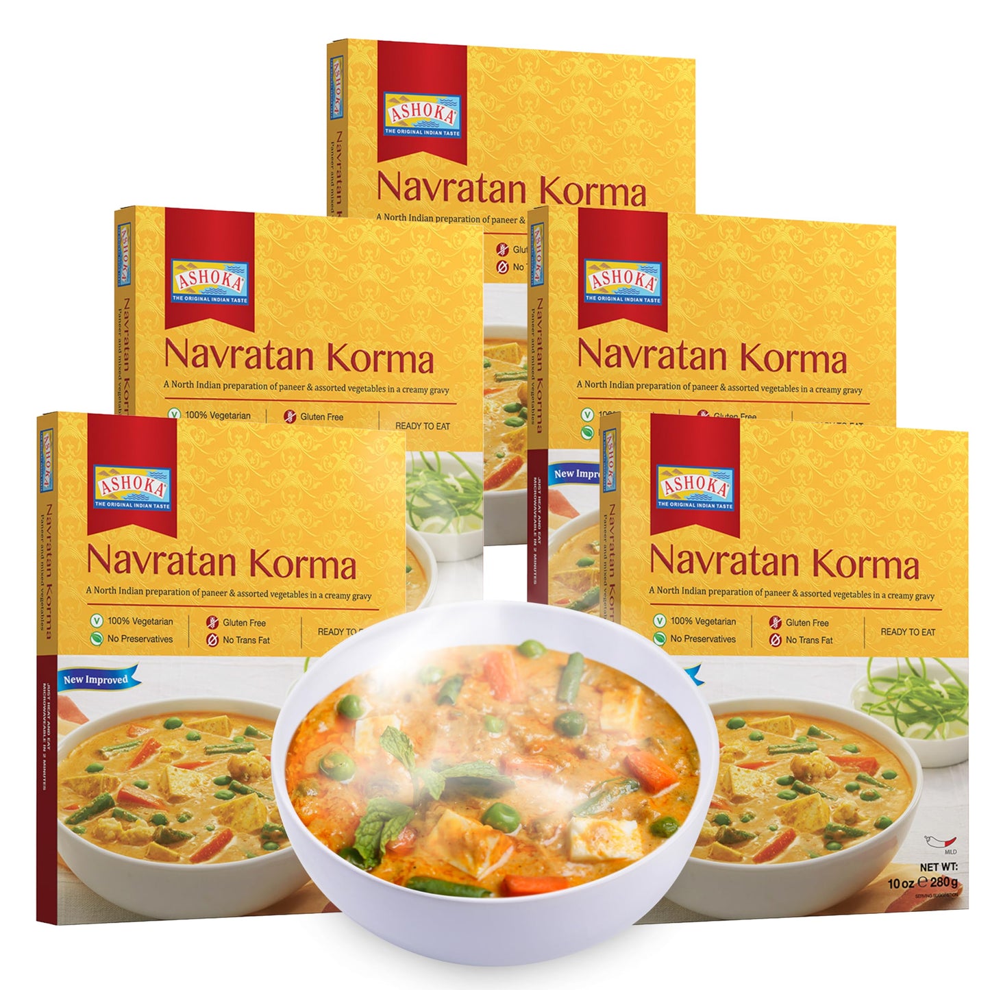 Ashoka Ready to Eat Indian Meals Since 1930, 100% Vegetarian Navratan Korma, All-Natural Traditionally Cooked Indian Food, Plant-Based, Gluten-Free and with No Preservatives, 10 Ounce (Pack of 5)