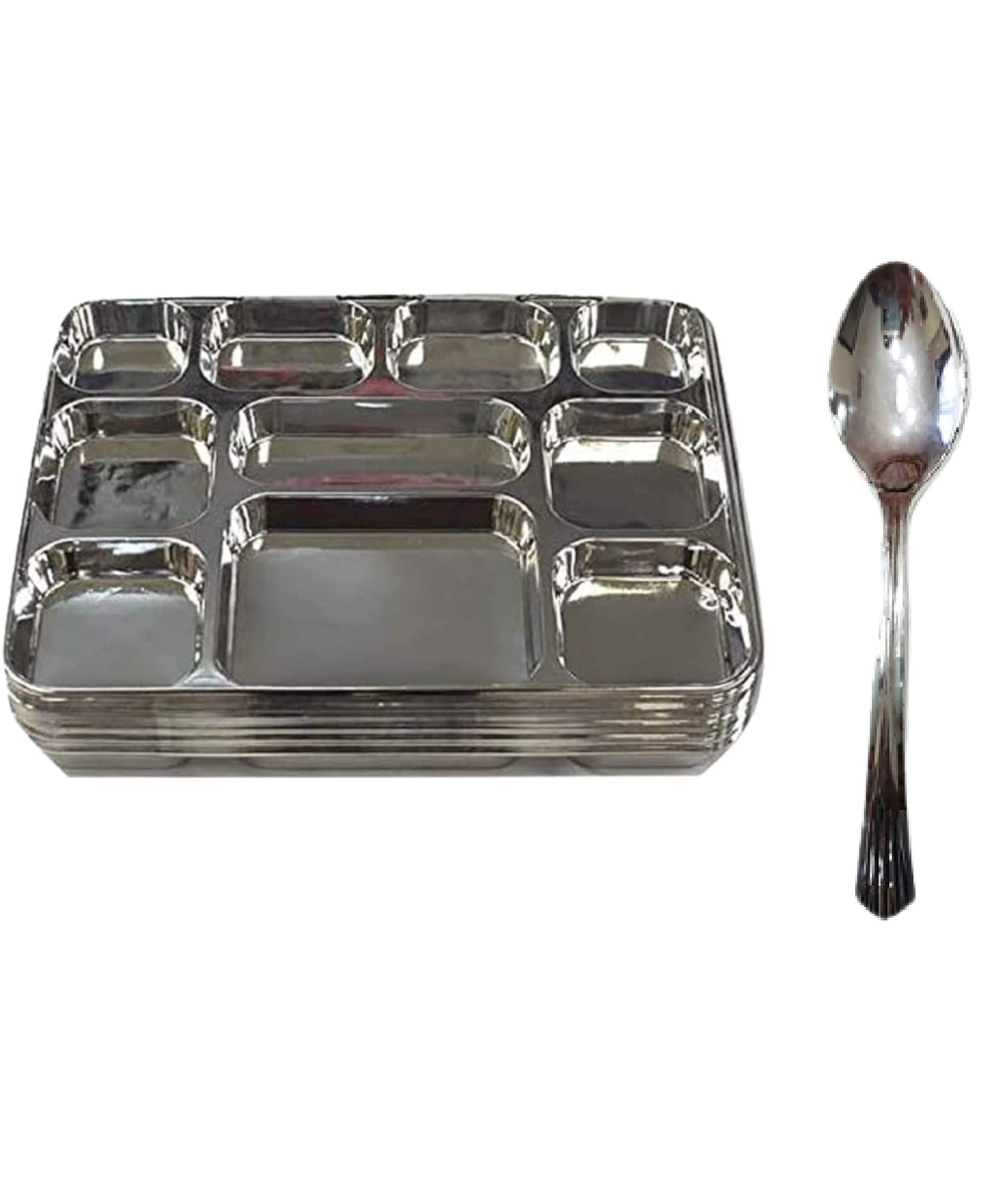Disposable Plates 10 Compartment Silver Thali Plates Trays - For Indian Puja, Partys, Weddings