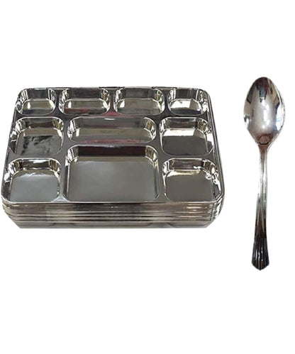 Disposable Plates 10 Compartment Silver Thali Plates Trays - For Indian Puja, Partys, Weddings