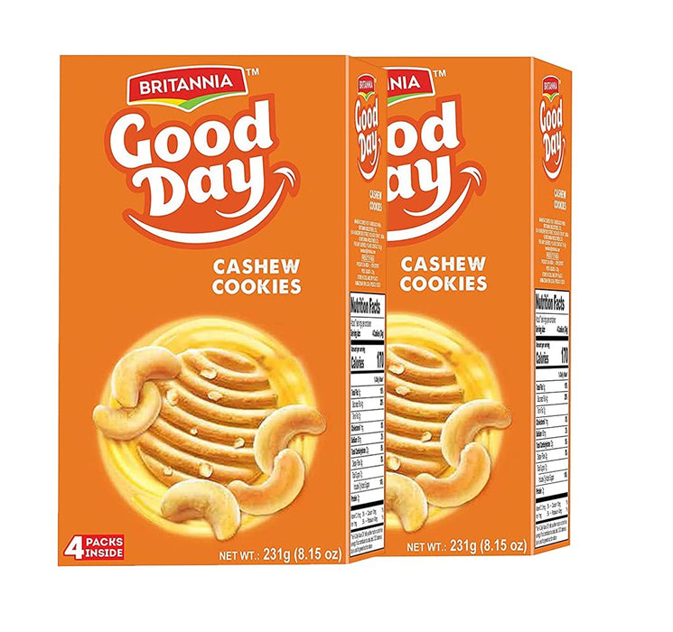 BRITANNIA Good Day Cashew Cookies Family Pack 8.15oz (231g) - Breakfast & Tea Time Snacks - Delicious Grocery Cookies - Halal and Suitable for Vegetarians (Pack of 2)