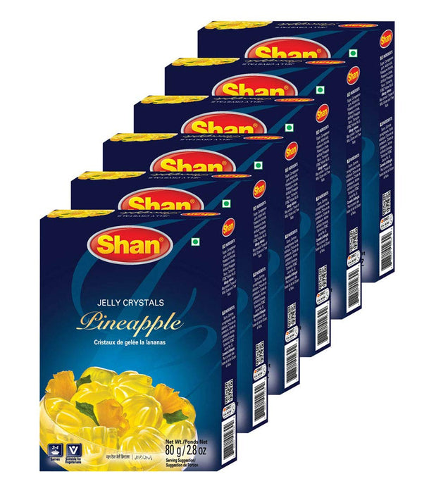 Shan Jelly Crystals Pineapple 2.8 oz (80g) - Cristaux De Gelee a l'ananas - Quick and Easy Jello - Suitable for Vegetarians - Airtight Bag in a Box (Pack of 6)