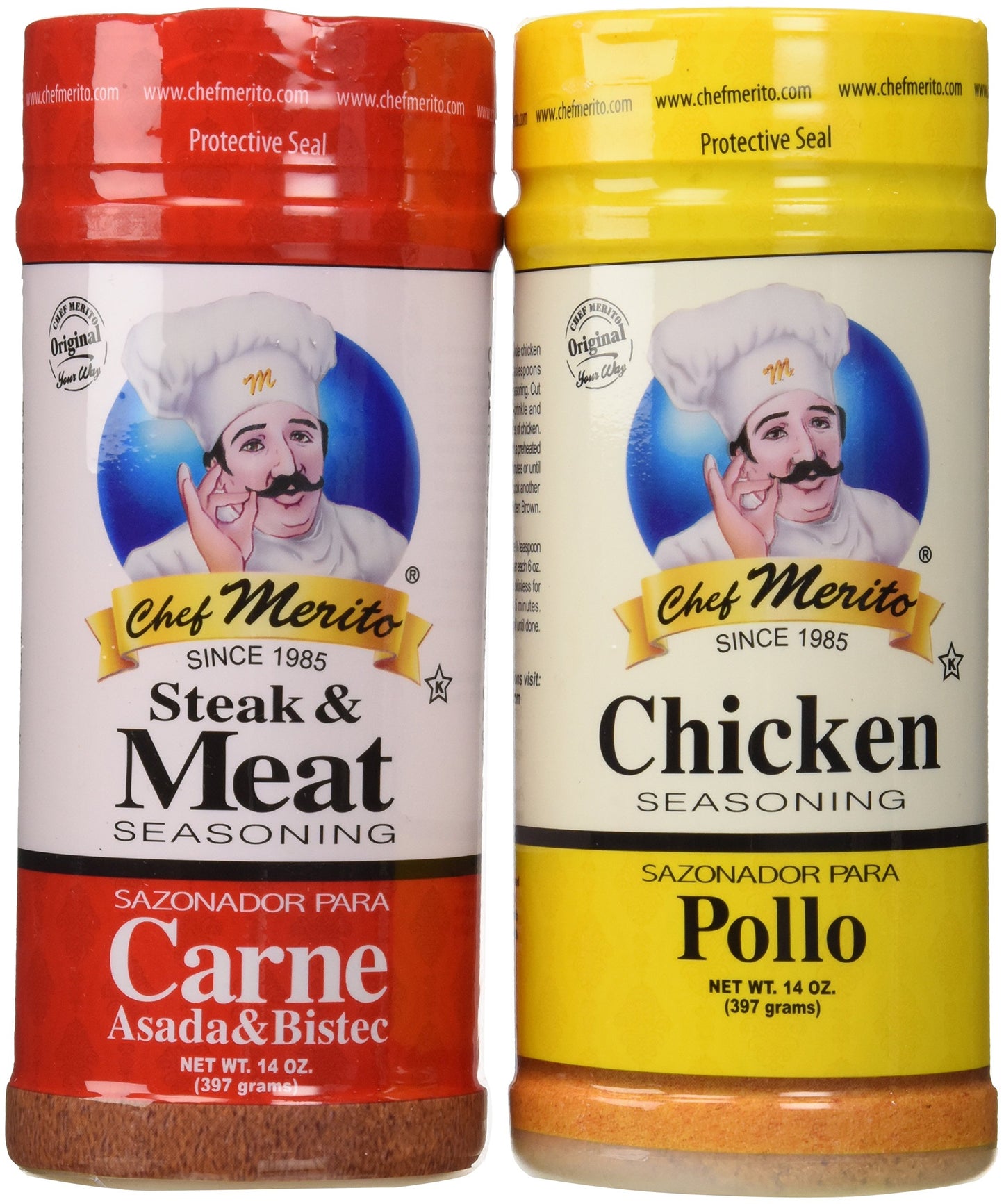 Chef Merito Carne Asada Beef and Chicken Seasoning Combo Pack, 14 oz I Pollo Asado,Carne Asado, Fajitas, Rotisserie Chicken, Meat Seasoning, 14 Ounce (Pack of 2)