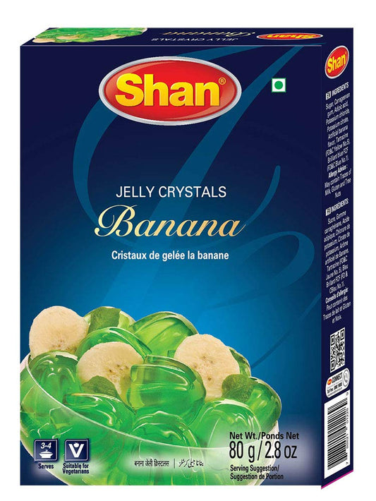 Shan Jelly Crystals Banana 2.8 oz (80g) - Cristaux De Gelee Banane - Quick and Easy Jello - Suitable for Vegetarians - Airtight Bag in a Box (Pack of 24)