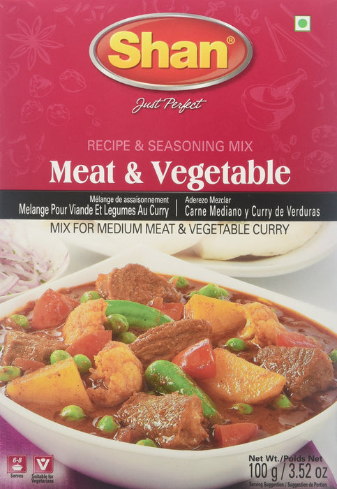 Shan Meat & Vegetable Recipe and Seasoning Mix 3.52 oz (100g) - Spice Powder for Medium Meat and Vegetable Curry - Suitable for Vegetarians - Airtight Bag in a Box