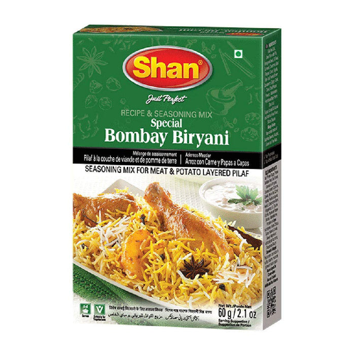 Shan Bombay Biryani Recipe and Seasoning Mix 2.11 oz (60g) - Spice Powder for Meat and Potato Layered Pilaf - Suitable for Vegetarians - Airtight Bag in a Box
