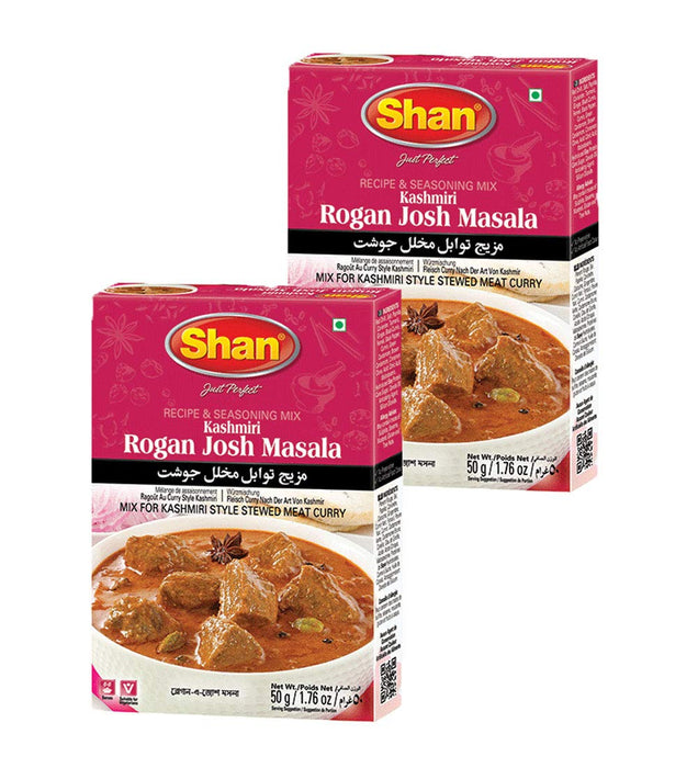 Shan Kashmiri Rogan Josh Recipe and Seasoning Mix 1.76 oz (50g) - Spice Powder for Kashmiri Style Stewed Meat Curry - Suitable for Vegetarians - Airtight Bag in a Box (Pack of 2)