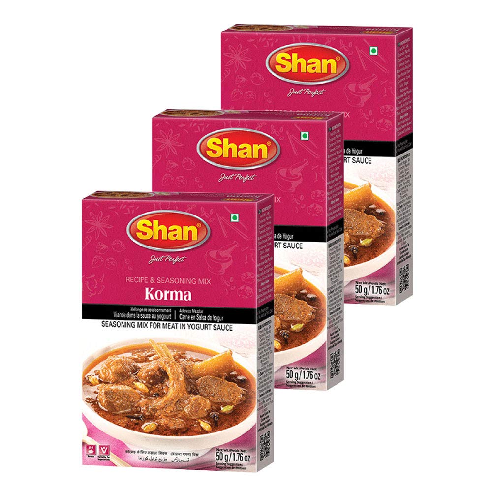 Shan Korma Recipe and Seasoning Mix 1.76 oz (50g) - Spice Powder for Traditional Meat in Yogurt Sauce - Suitable for Vegetarians - Airtight Bag in a Box (Pack of 3)