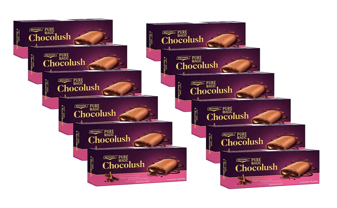 Britannia Pure Magic Chocolush Biscuits 2.64oz (75g) - Biscuits fourrs au chocolat - Magic of Molten Choco - Halal and Suitable for Vegetarians (Pack of 12)